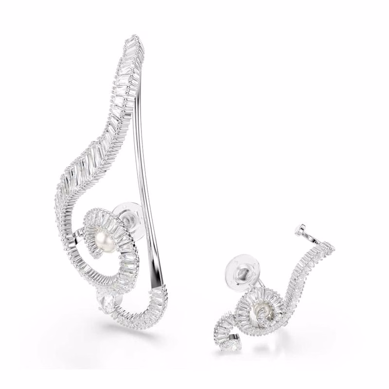 Ariana Grande X Swarovski Clip-On öRhäNgen, Asymmetrisk Design, KristallpäRla, Baguetteslipning, Vit, RodiumpläTerad