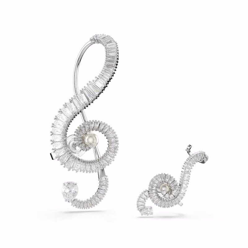 Ariana Grande X Swarovski Clip-On öRhäNgen, Asymmetrisk Design, KristallpäRla, Baguetteslipning, Vit, RodiumpläTerad