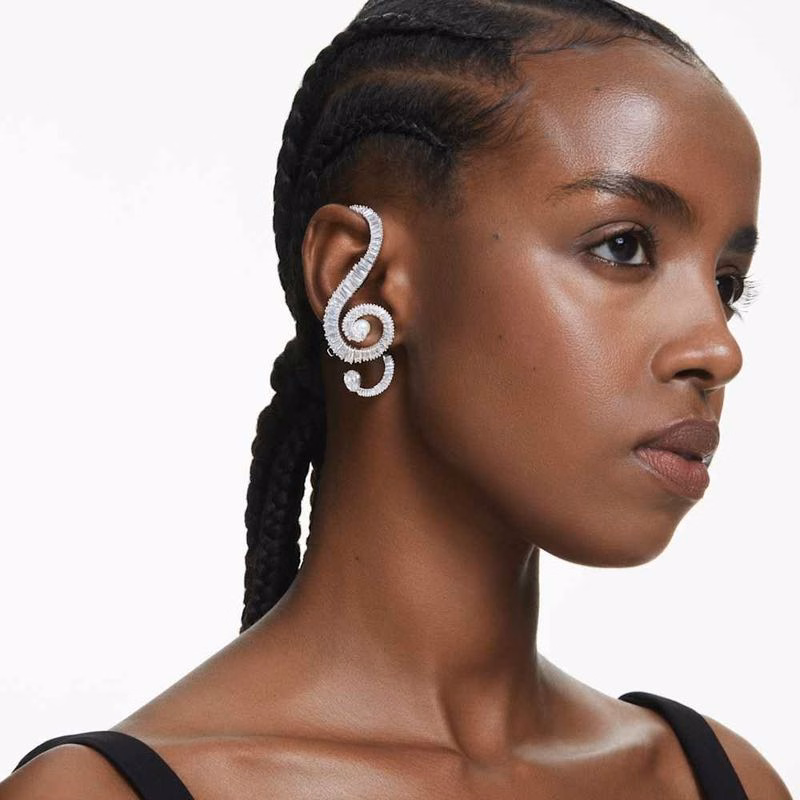 Ariana Grande X Swarovski Clip-On öRhäNgen, Asymmetrisk Design, KristallpäRla, Baguetteslipning, Vit, RodiumpläTerad