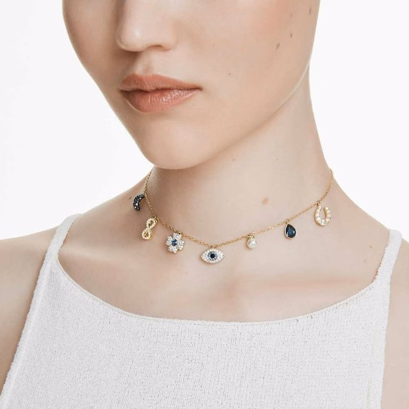 Symbolisk Halsband, MåNe, OäNdlighetssymbol, KlöVer, Onda öGat Och HäStsko, Blå, GuldpläTering