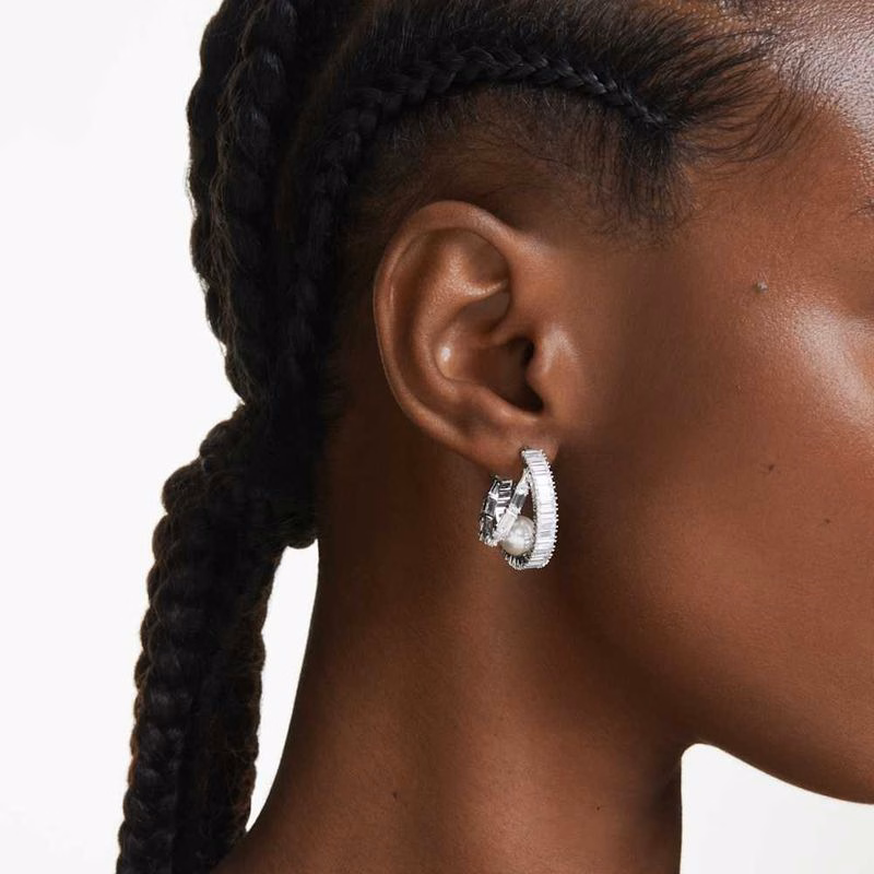 Ariana Grande X Swarovski Hoop öRhäNgen, KristallpäRla, Baguetteslipning, Vit, RodiumpläTerad
