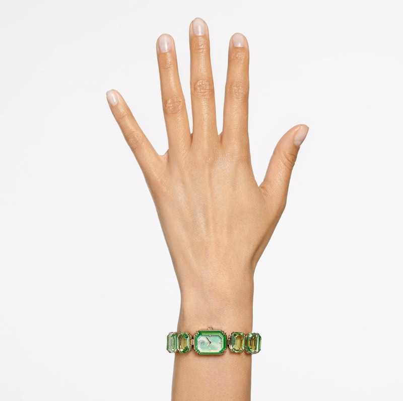 Klocka, åTtkantigt Slipat Armband, GröN, ChampagneguldfäRgad Finish