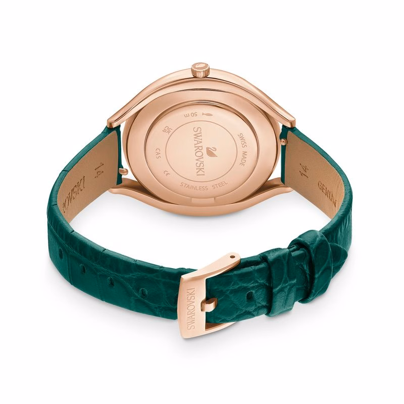 Kristallin Aura-Klocka, Tillverkad I Schweiz, LäDerarmband, GröN, RoséGuldtonad Finish