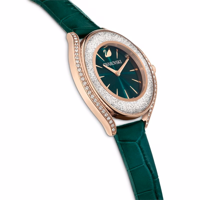 Kristallin Aura-Klocka, Tillverkad I Schweiz, LäDerarmband, GröN, RoséGuldtonad Finish