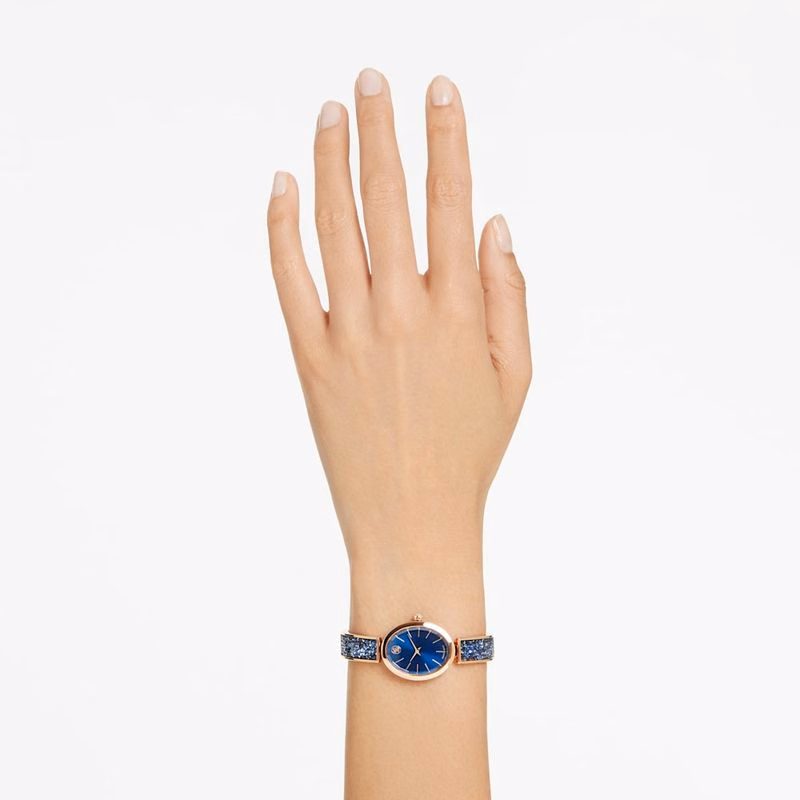 Crystal Rock Oval Klocka, Tillverkad I Schweiz, Kristallarmband, Blå, RoséGuldtonad Finish