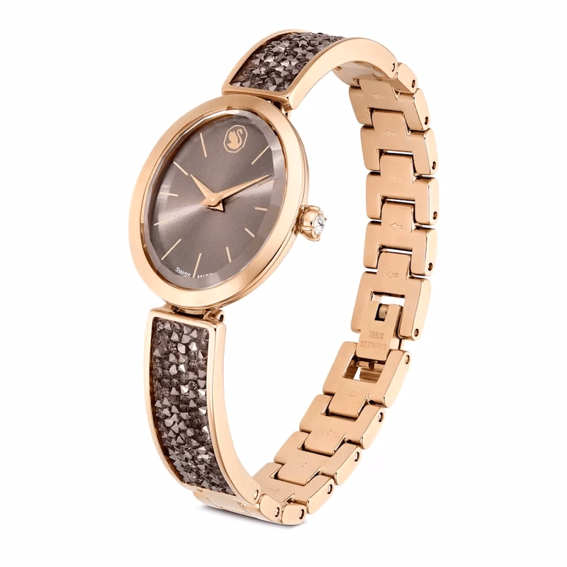 Crystal Rock Oval Klocka, Tillverkad I Schweiz, Metallarmband, Svart, RoséGuldtonad Finish