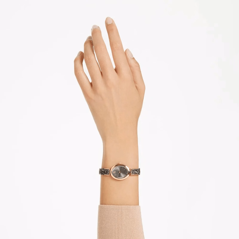 Crystal Rock Oval Klocka, Tillverkad I Schweiz, Metallarmband, Svart, RoséGuldtonad Finish
