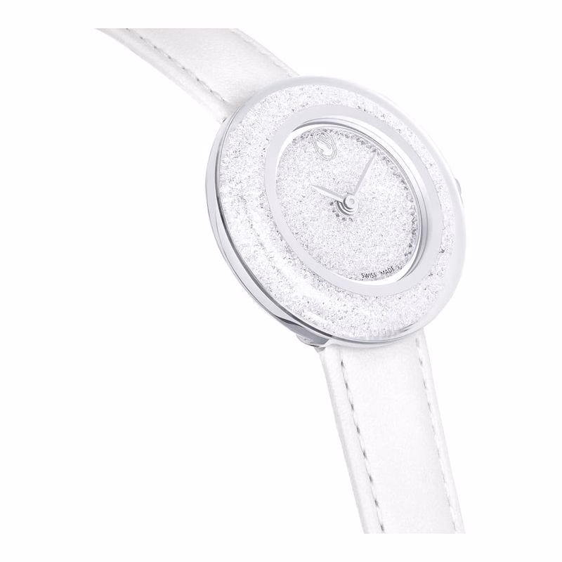 Klocka Med Kristallglans, Tillverkad I Schweiz, LäDerarmband, Vit, Rostfritt StåL
