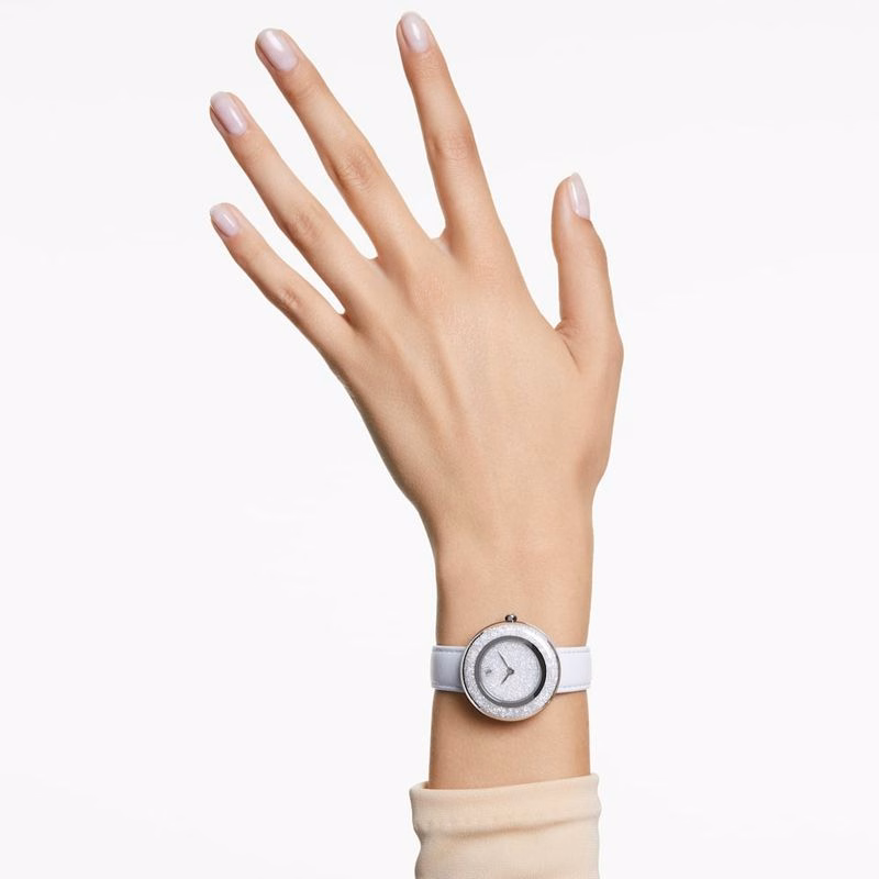Klocka Med Kristallglans, Tillverkad I Schweiz, LäDerarmband, Vit, Rostfritt StåL