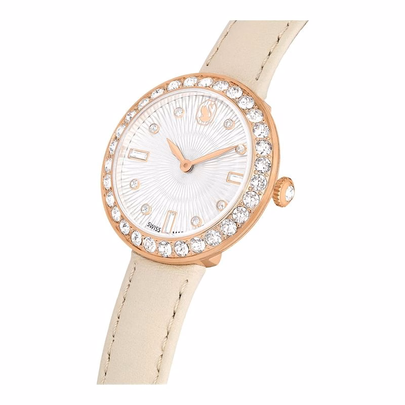 Certa-Klocka, Tillverkad I Schweiz, LäDerarmband, Beige, RoséGuldtonad Finish