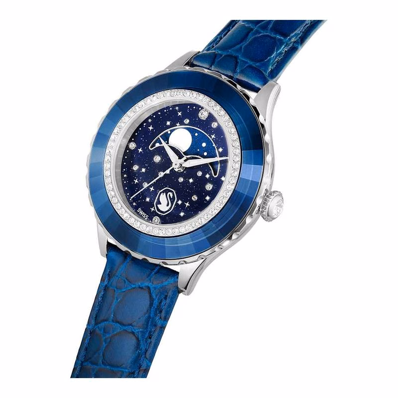 Octea Moon-Klocka, Tillverkad I Schweiz, Moon, LäDerarmband, Blå, Blå Finish