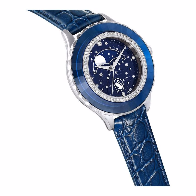 Octea Moon-Klocka, Tillverkad I Schweiz, Moon, LäDerarmband, Blå, Blå Finish