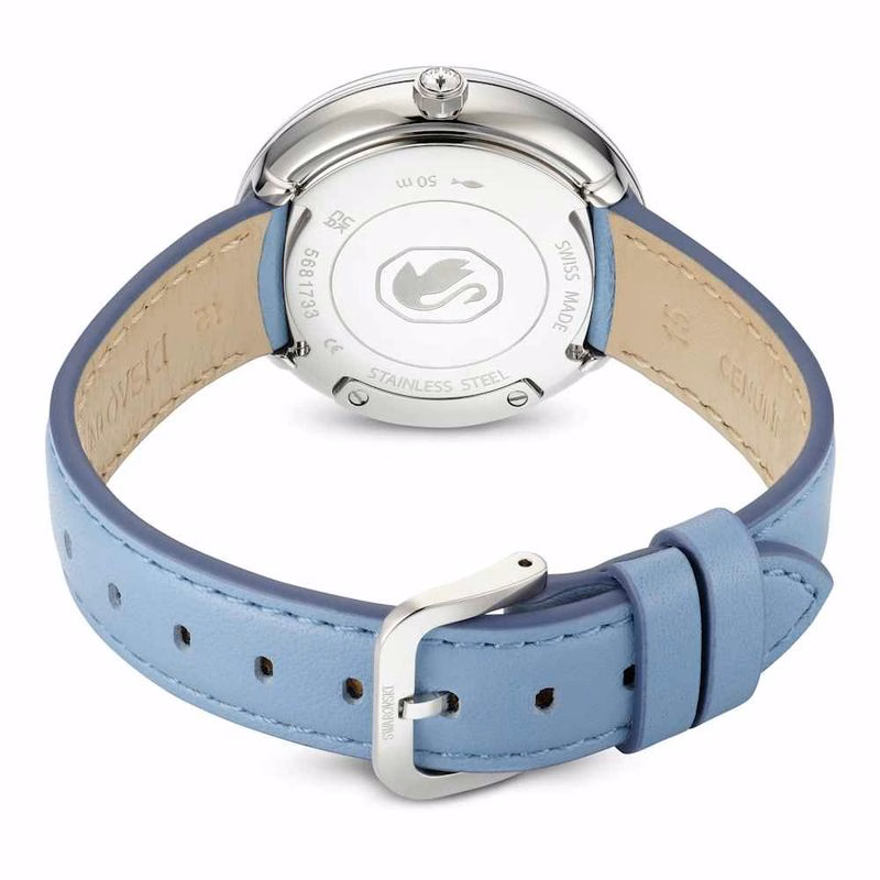 Klocka Med Kristallint Glans, Tillverkad I Schweiz, LäDerarmband, Blå, Rostfritt StåL