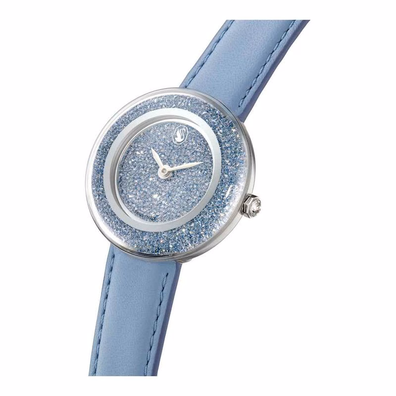 Klocka Med Kristallint Glans, Tillverkad I Schweiz, LäDerarmband, Blå, Rostfritt StåL