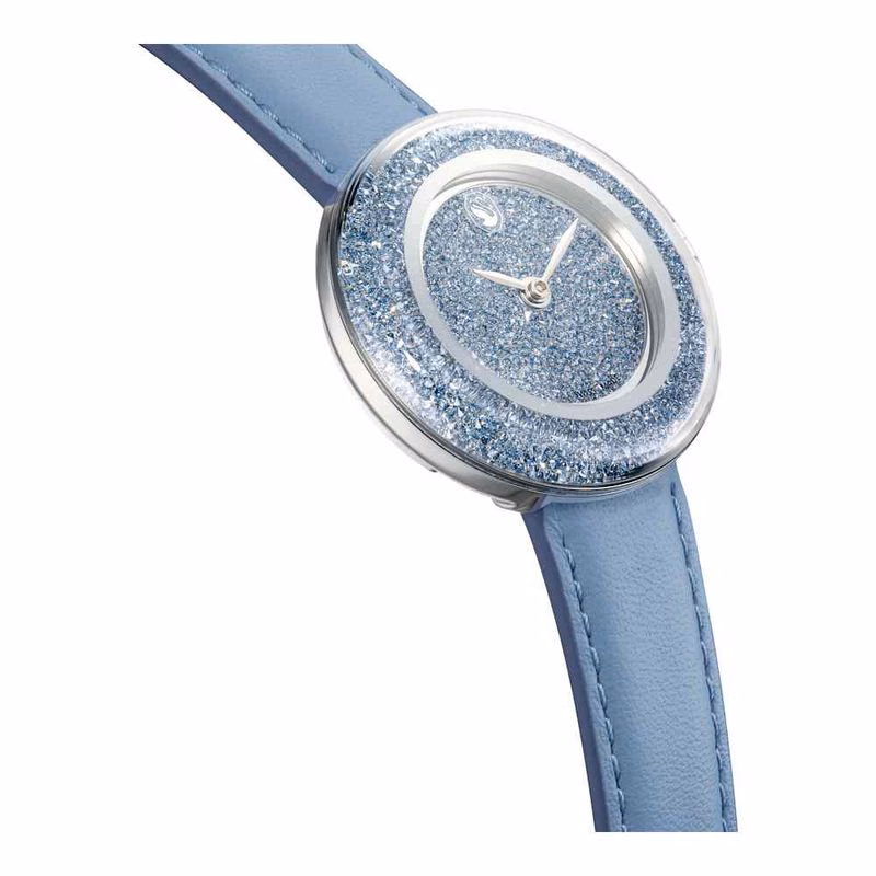 Klocka Med Kristallint Glans, Tillverkad I Schweiz, LäDerarmband, Blå, Rostfritt StåL