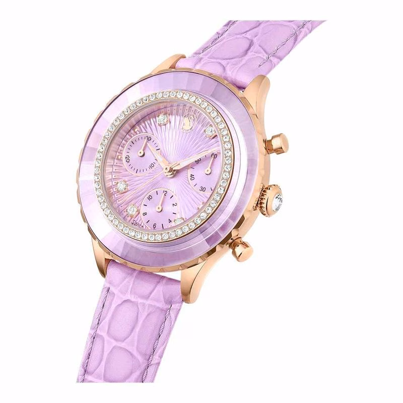 Octea Chrono-Klocka, Tillverkad I Schweiz, LäDerarmband, Lila, RoséGuldtonad Finish