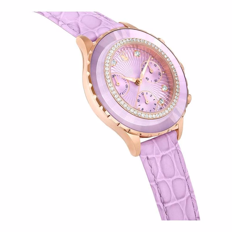 Octea Chrono-Klocka, Tillverkad I Schweiz, LäDerarmband, Lila, RoséGuldtonad Finish