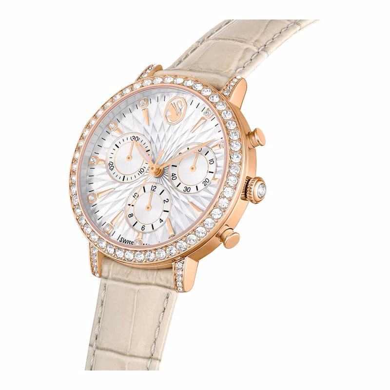 Matrix Tennis Chrono-Klocka, Tillverkad I Schweiz, LäDerarmband, Beige, RoséGuldtonad Finish