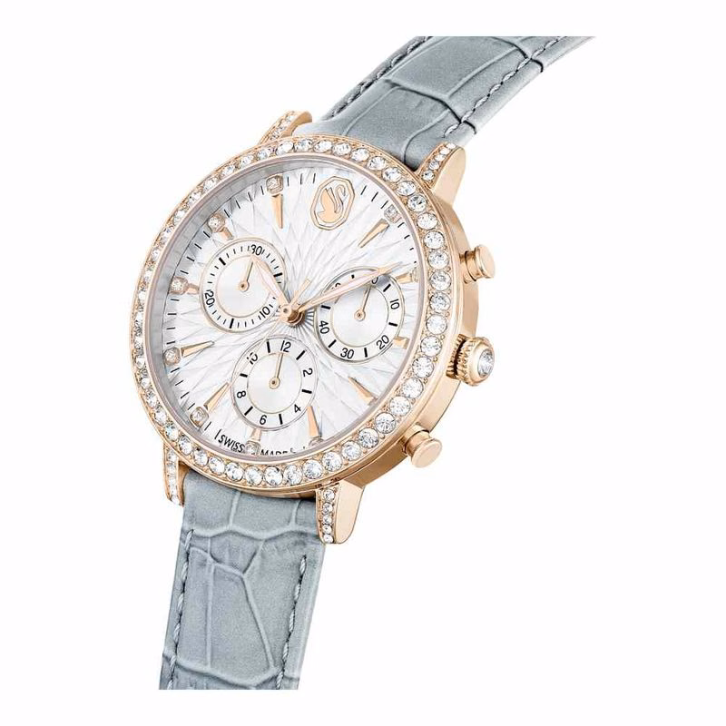Matrix Tennis Chrono-Klocka, Tillverkad I Schweiz, LäDerarmband, Grå, ChampagneguldfäRgad Finish