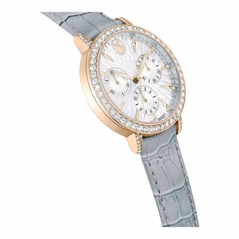 Matrix Tennis Chrono-Klocka, Tillverkad I Schweiz, LäDerarmband, Grå, ChampagneguldfäRgad Finish