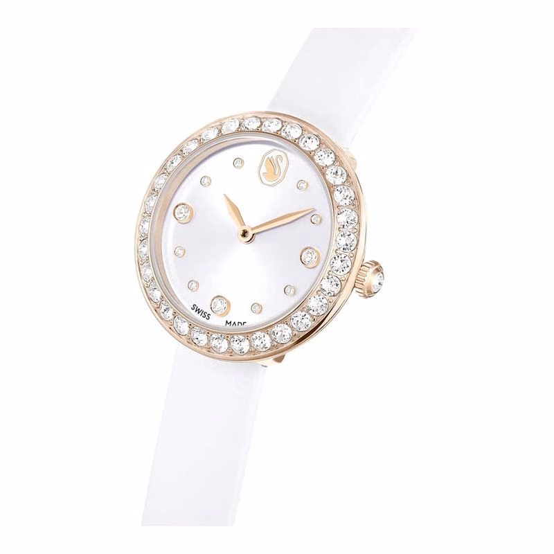 Matrix Tennisklocka, Tillverkad I Schweiz, LäDerarmband, Vit, ChampagneguldfäRgad Finish