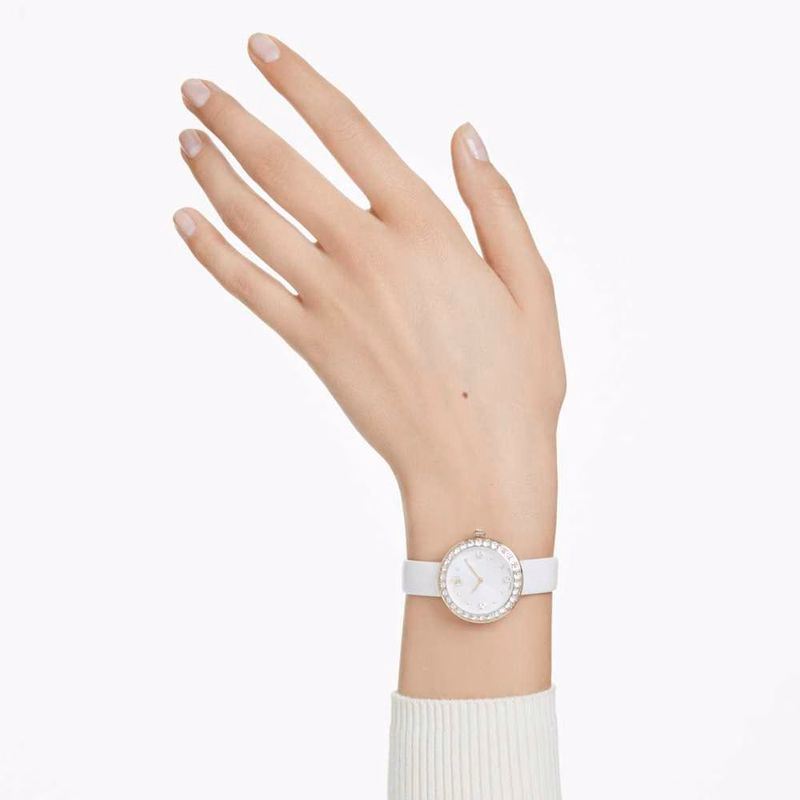 Matrix Tennisklocka, Tillverkad I Schweiz, LäDerarmband, Vit, ChampagneguldfäRgad Finish