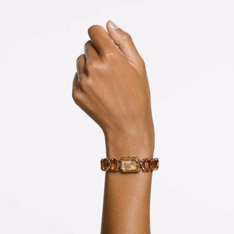 Klocka, åTtkantigt Slipat Armband, Brun, ChampagneguldfäRgad Finish